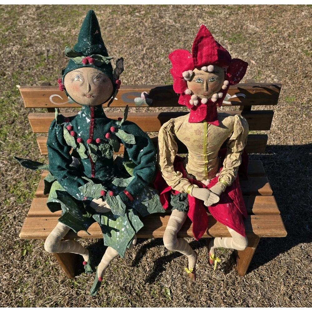 Joe Spencer Holly & Poinsettia Sprite Flower Dolls Gathered Traditions Folk Art